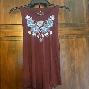 American Eagle Outfitters Maroon Tank with Blue Floral Accents